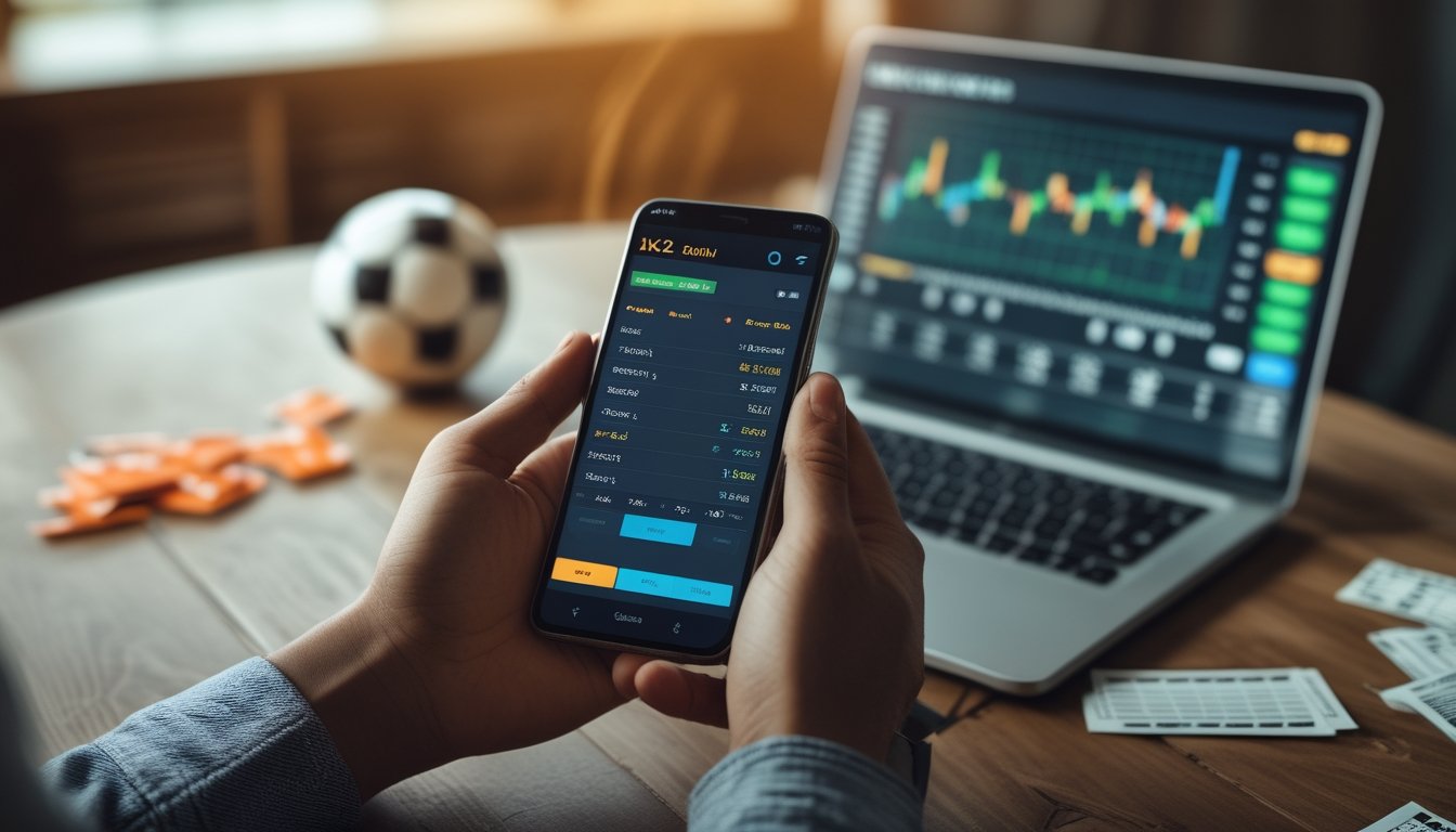 Seseorang memegang ponsel dengan aplikasi taruhan sepak bola, di atas meja terdapat bola sepak dan slip taruhan.