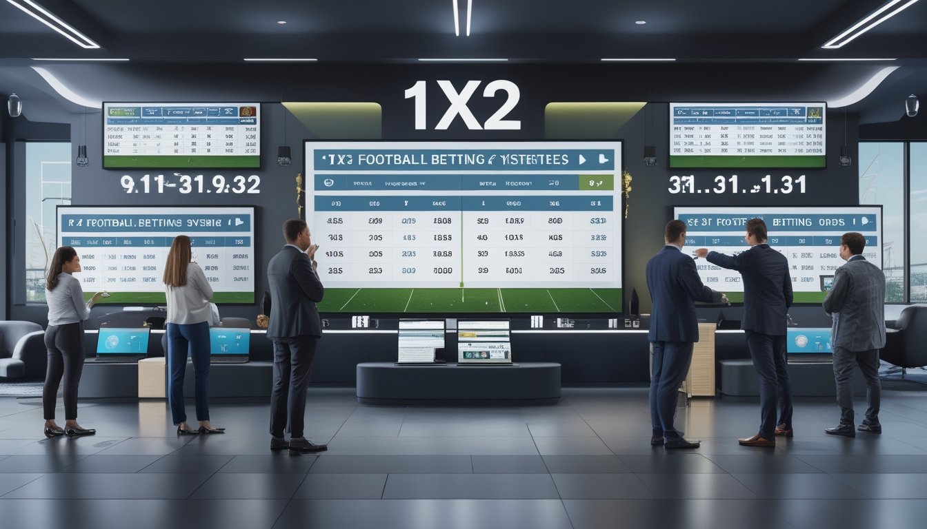Orang-orang sedang melihat layar digital dengan angka taruhan sepak bola 1X2 di sebuah ruangan modern.