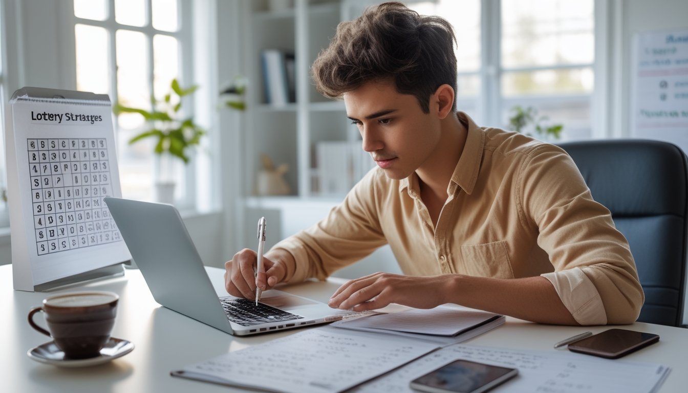 Seorang dewasa muda sedang duduk di meja dengan laptop dan catatan, fokus menganalisis angka untuk strategi bermain togel 2D.