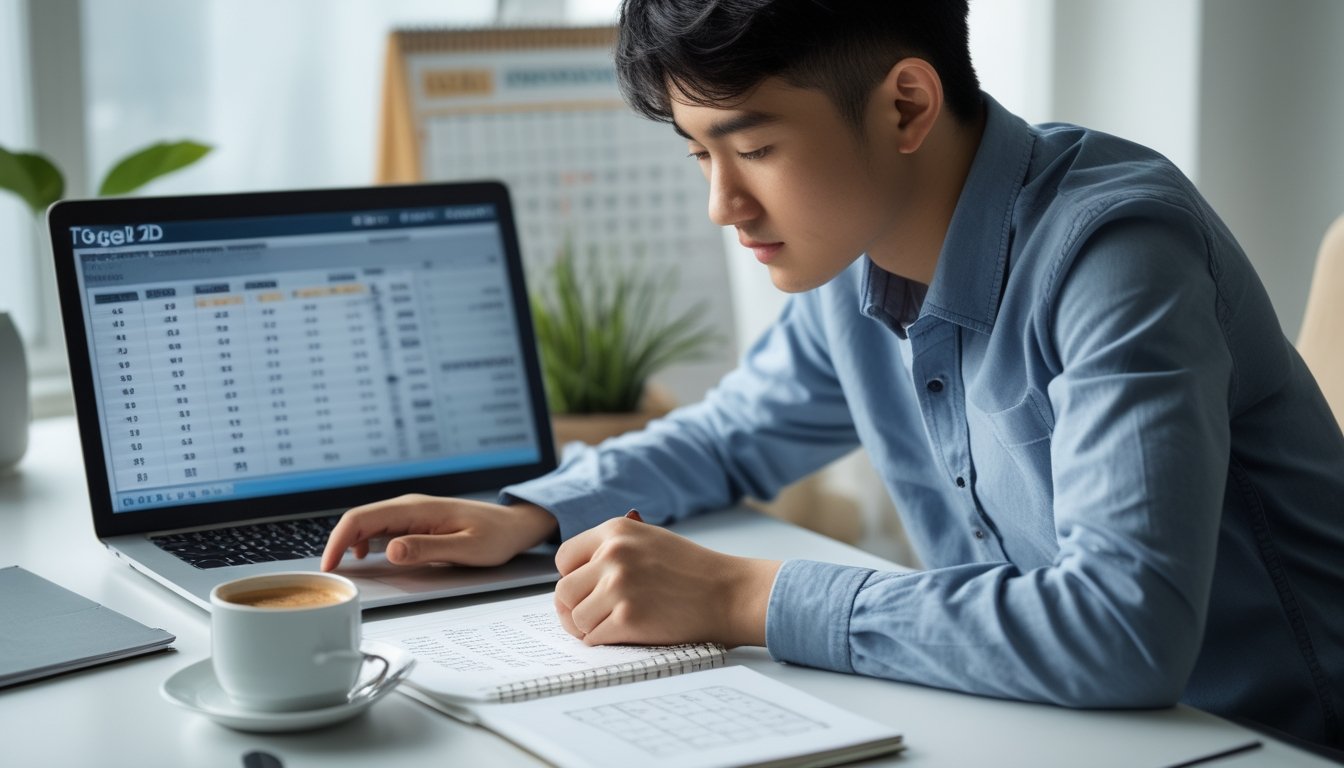 Seorang dewasa muda sedang duduk di meja modern sambil mempelajari strategi bermain Togel 2D dengan laptop, buku catatan, dan secangkir kopi di dekatnya.