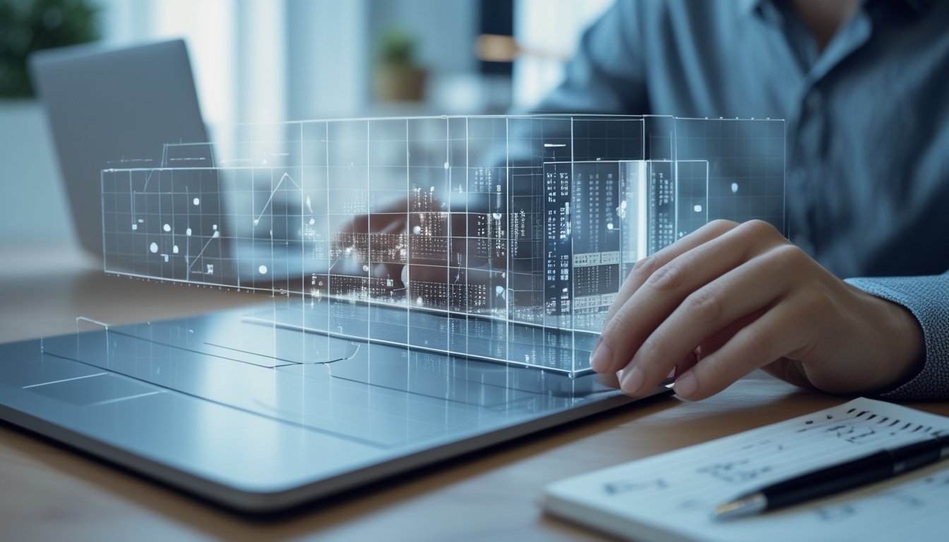 Seseorang sedang menganalisis pola angka dua dimensi pada layar digital di ruang kerja modern.