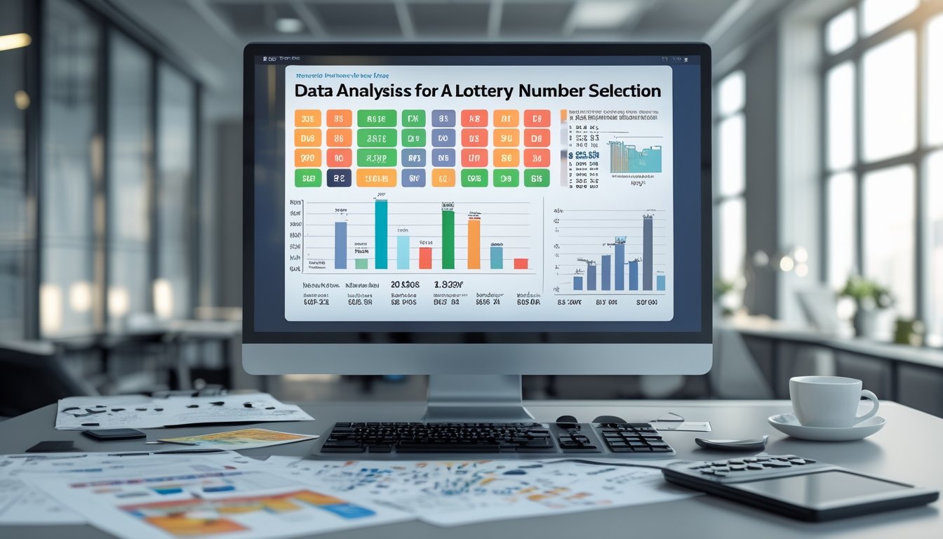 Meja kerja dengan komputer yang menampilkan grafik dan data statistik untuk analisis angka togel 2D, dilengkapi dengan kertas catatan, kalkulator, dan cangkir kopi.