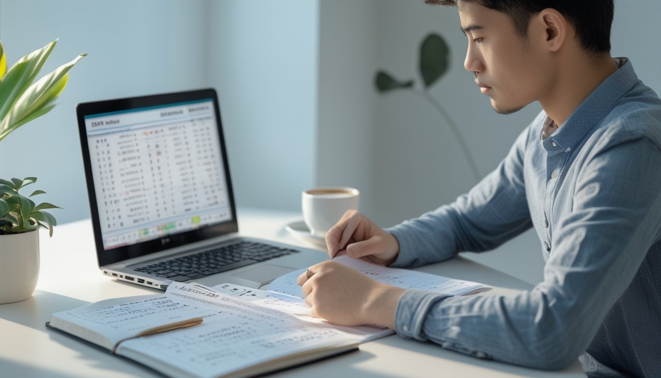 Seorang pemula muda sedang merencanakan strategi bermain togel 2D dengan modal kecil di meja kerja yang rapi dengan laptop dan buku catatan.