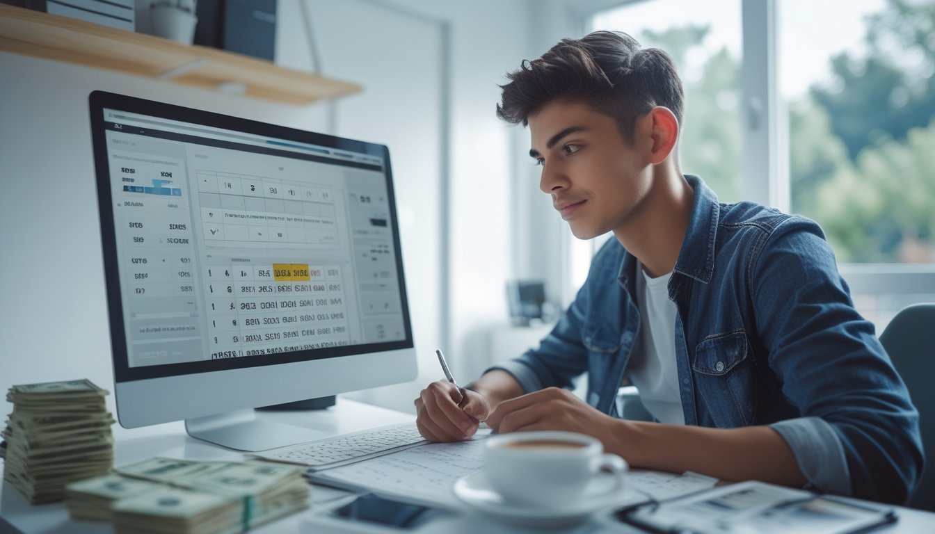 Seorang dewasa muda duduk di meja kerja dengan laptop, catatan, dan uang kecil, fokus mempelajari strategi permainan togel 2D.