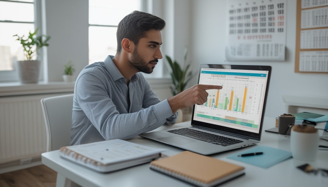 Seorang pria muda duduk di meja dengan laptop dan alat tulis, fokus menganalisis data angka togel 2D di ruang kerja yang terang.