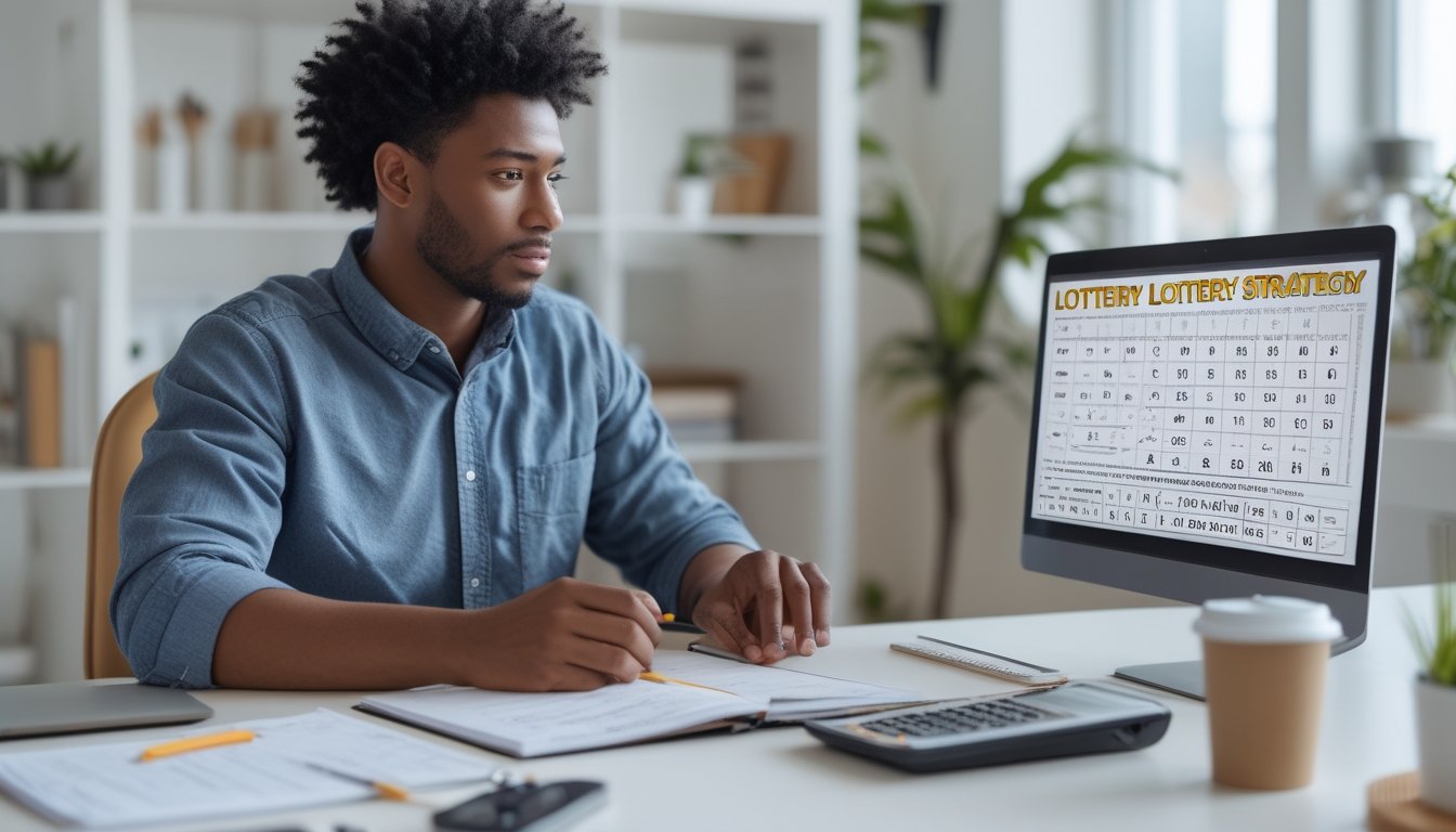 Seorang pemula sedang duduk di meja kerja dengan laptop dan catatan, fokus menganalisis strategi bermain togel 2D dengan modal kecil di ruangan yang terang dan rapi.