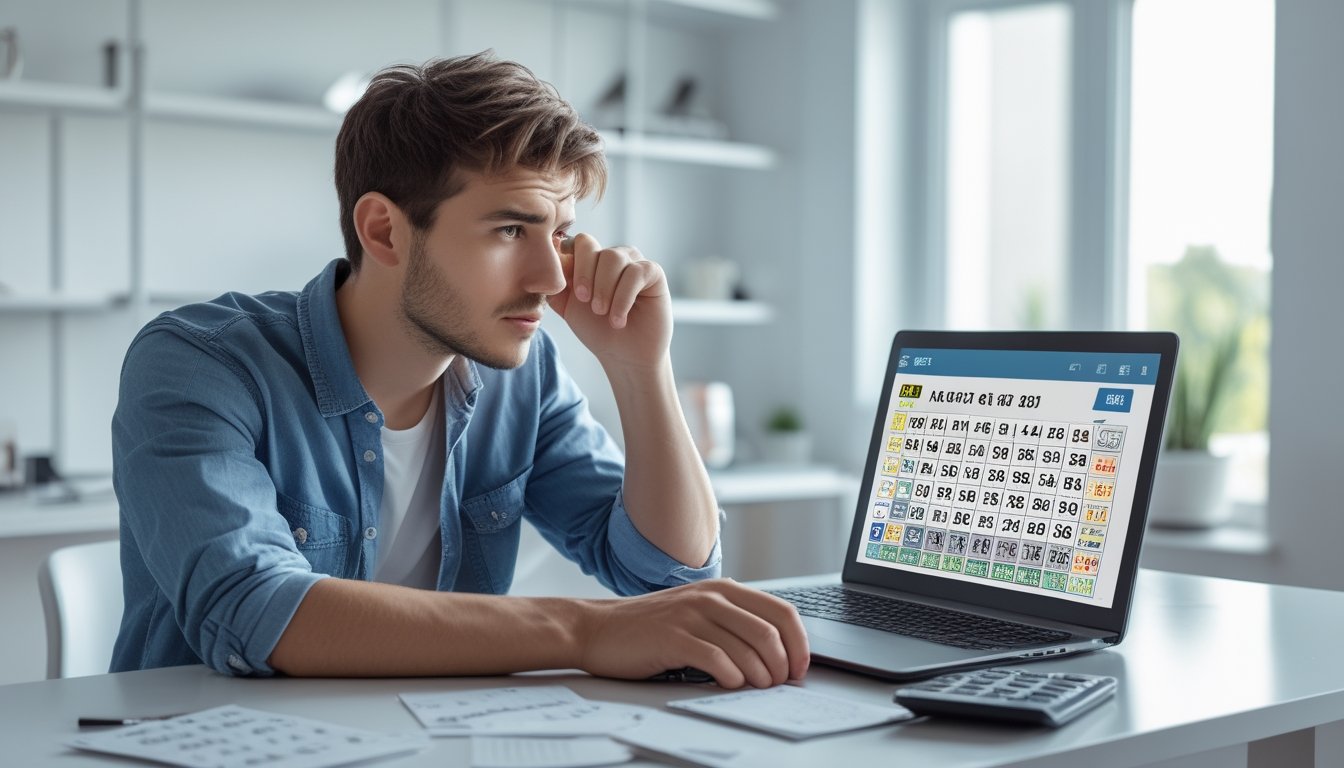Seorang pria muda duduk di meja kerja dengan laptop terbuka, terlihat fokus memikirkan angka togel sambil dikelilingi catatan dan kalkulator.