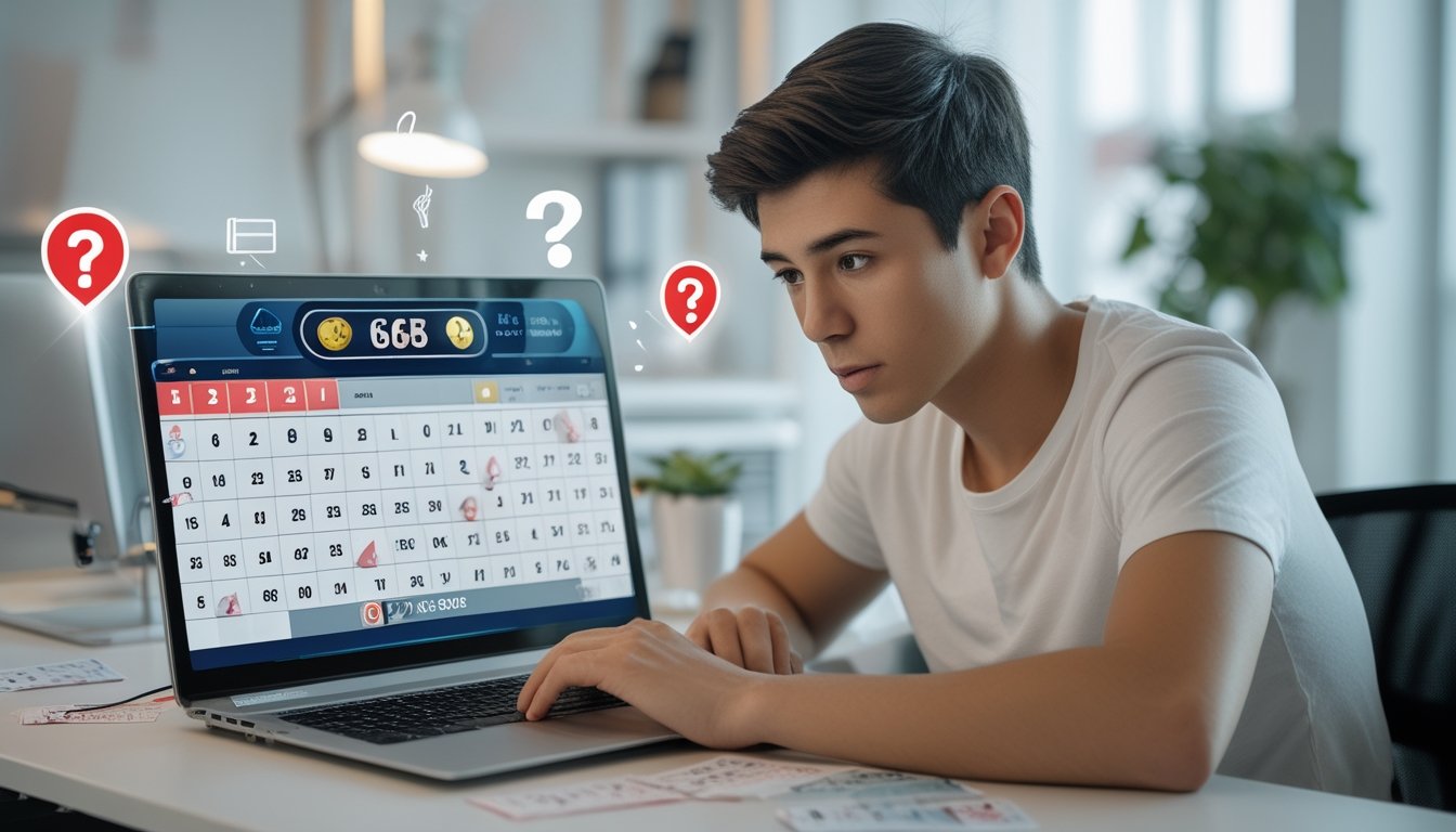 Seorang dewasa muda duduk di meja dengan laptop terbuka menampilkan antarmuka lotre digital, dikelilingi oleh ikon peringatan dan simbol solusi, di ruang kantor yang terang dan rapi.