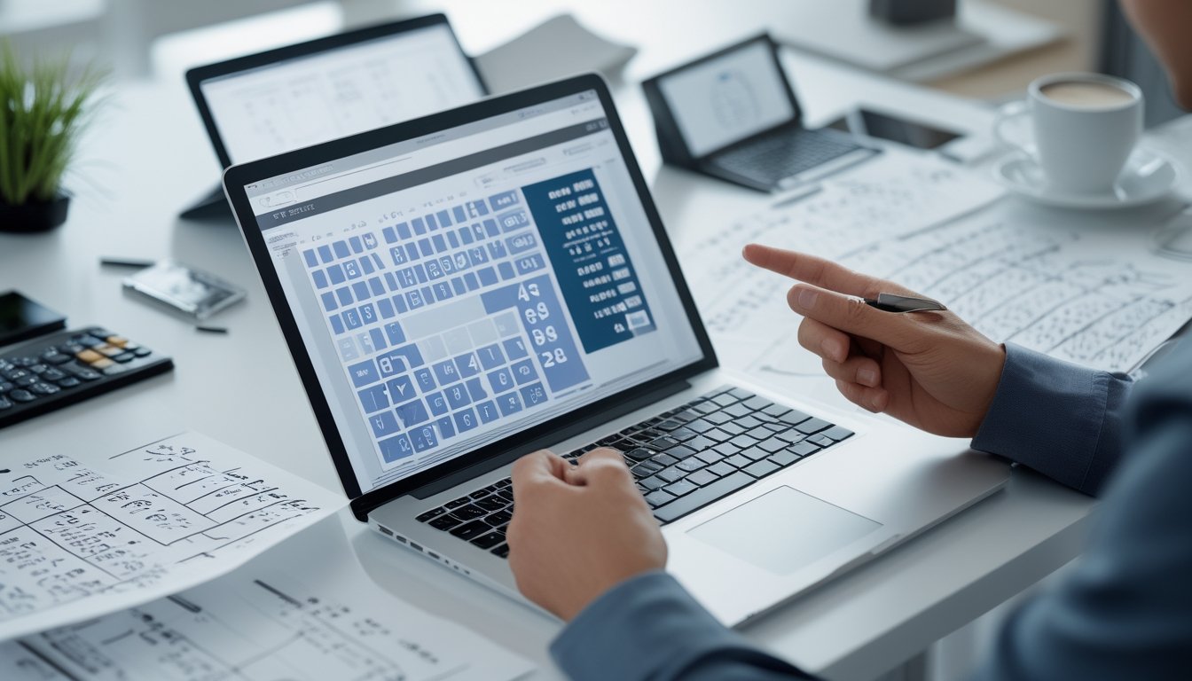 Seseorang sedang menganalisis data angka di meja kerja dengan laptop dan kertas berisi perhitungan.