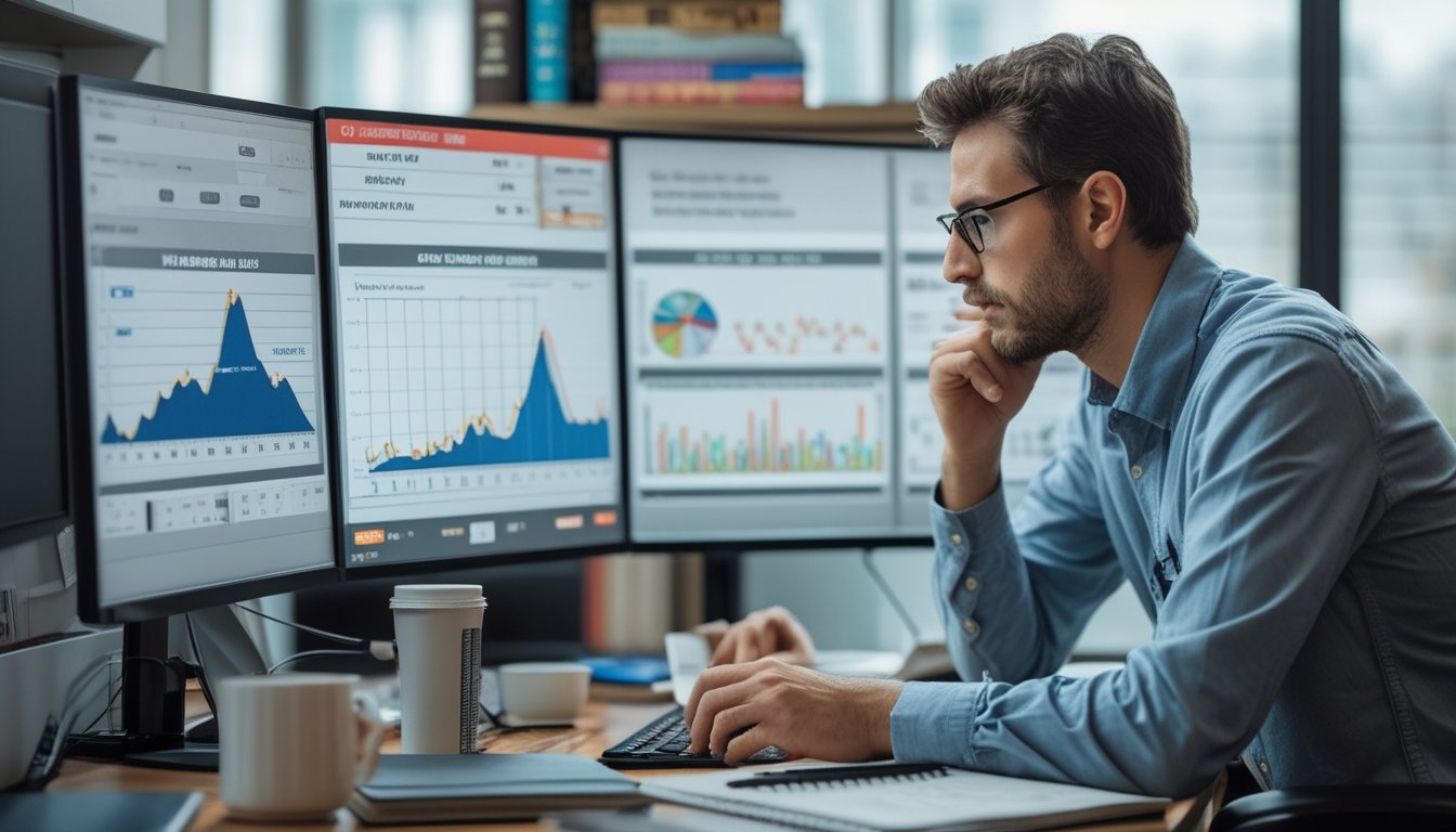 Seorang analis data sedang memeriksa data numerik dan grafik pada beberapa layar komputer di sebuah kantor modern yang terang dan rapi.