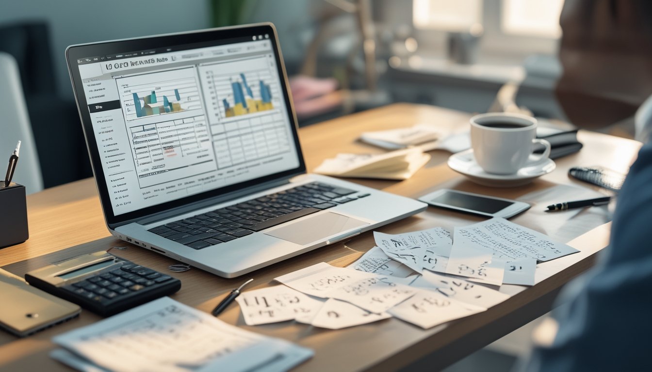 Meja kerja dengan laptop, kertas berisi angka dan pola, kalkulator, dan kopi yang digunakan untuk analisis angka togel 2D.