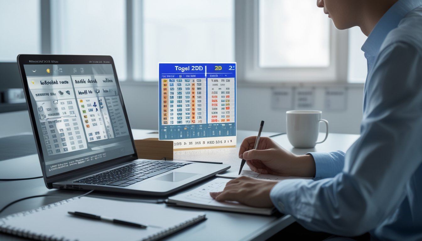 Seseorang duduk di meja kerja dengan tiket togel, laptop, dan catatan, terlihat fokus dan sedang merencanakan strategi bermain togel 2D.