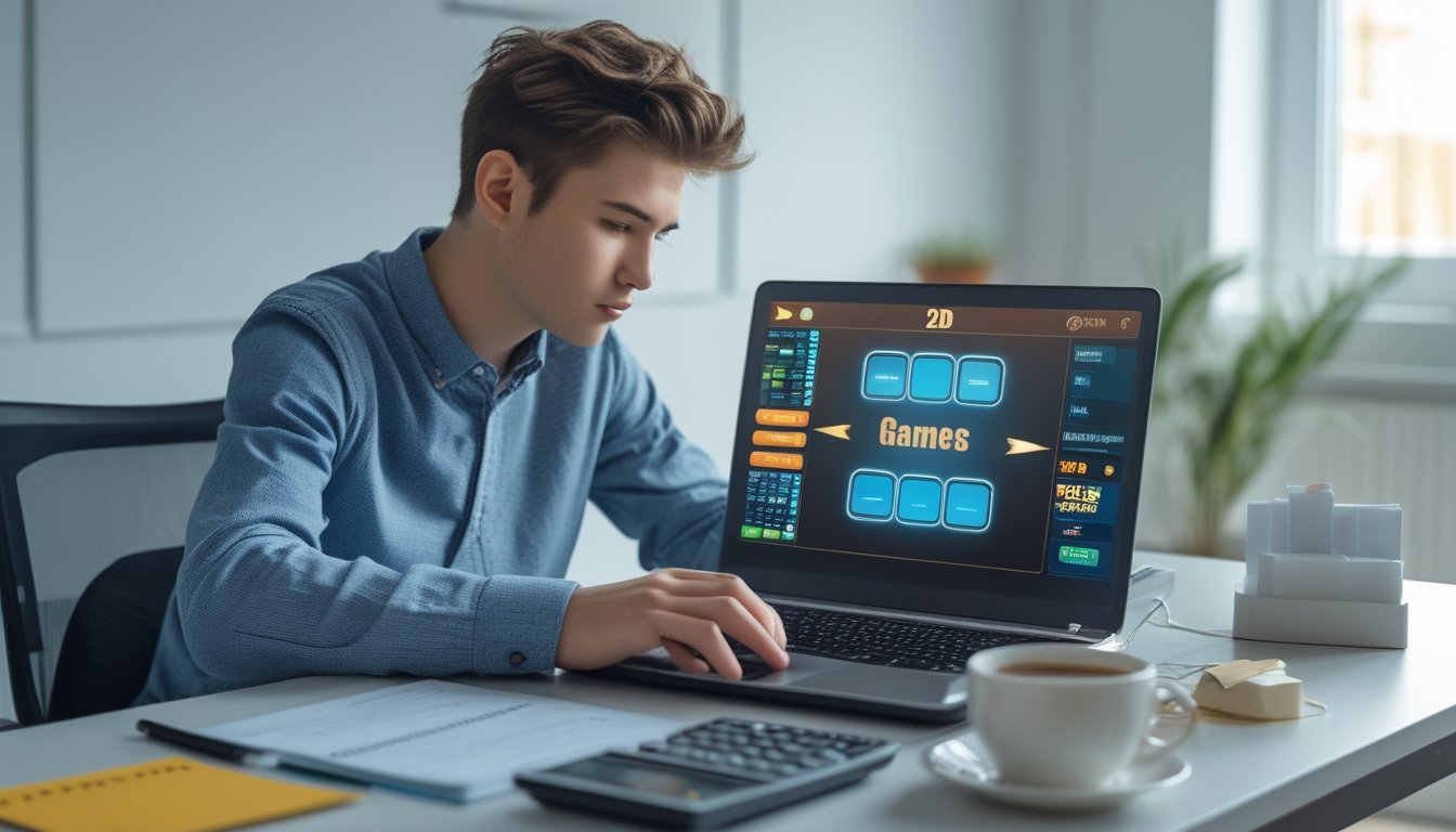 Seorang dewasa muda duduk di meja dengan laptop menampilkan permainan 2D, dikelilingi oleh catatan dan kalkulator, menunjukkan suasana fokus dan perencanaan yang hati-hati.