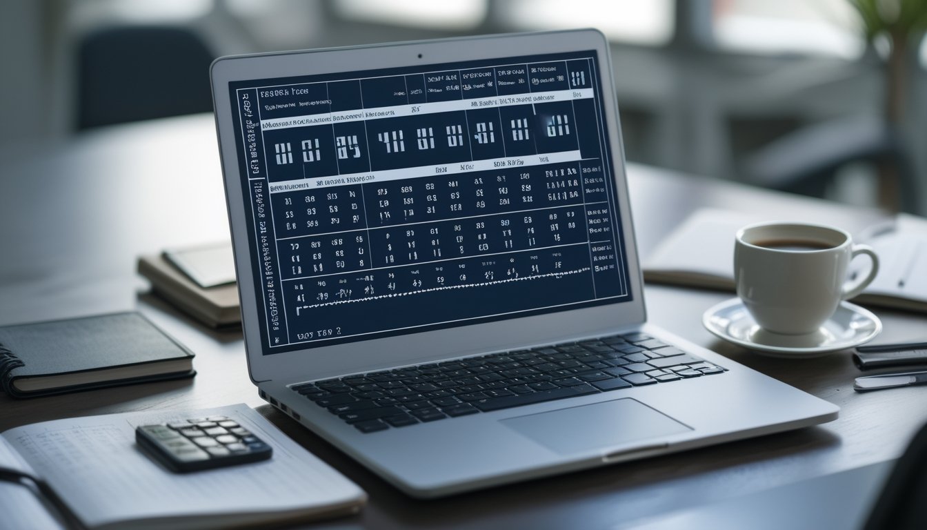 Seorang pria sedang bekerja dengan laptop yang menampilkan angka dan grafik di meja kerja dengan alat tulis dan kalkulator di sekitarnya.