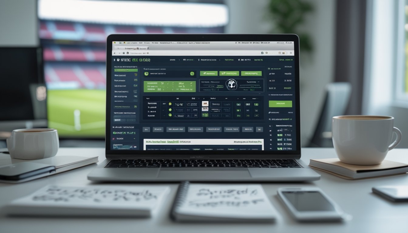 Meja kerja dengan laptop menampilkan situs taruhan sepak bola, smartphone dengan skor pertandingan, dan latar belakang stadion sepak bola.