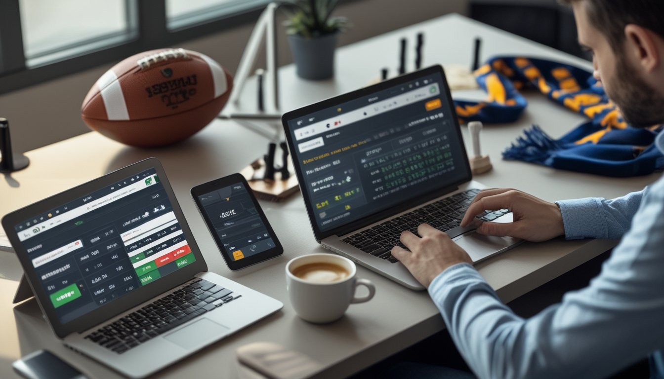 Seseorang sedang menggunakan laptop dan tablet di meja kerja dengan bola sepak di sampingnya, memperlihatkan aktivitas taruhan sepak bola online.