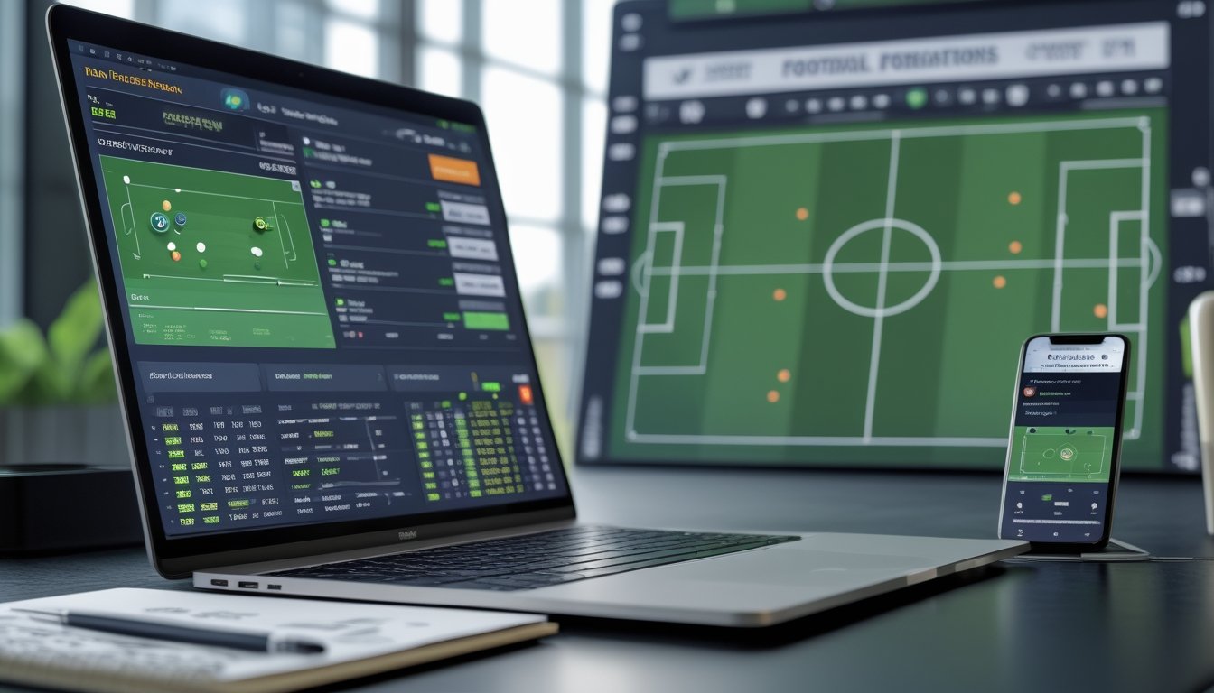 Sebuah ruang kerja dengan laptop, catatan, dan layar besar yang menampilkan analisis pertandingan sepak bola.
