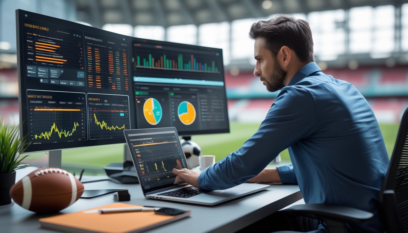 Seorang pria sedang menganalisis data statistik sepak bola di depan komputer dengan grafik dan diagram, di meja terdapat bola sepak, laptop, dan catatan.