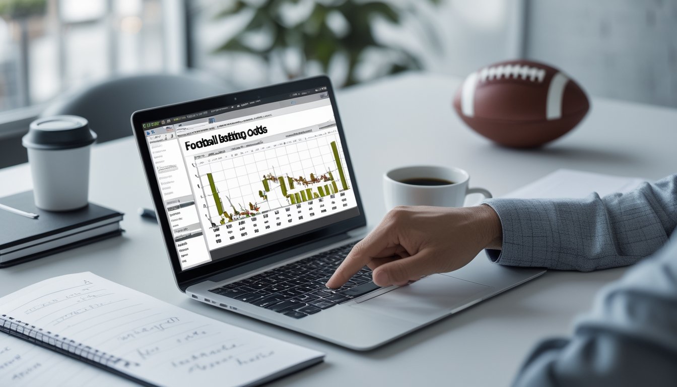 Seseorang menunjuk layar laptop yang menampilkan grafik odds taruhan sepak bola di meja kerja dengan bola sepak dan kopi di sampingnya.