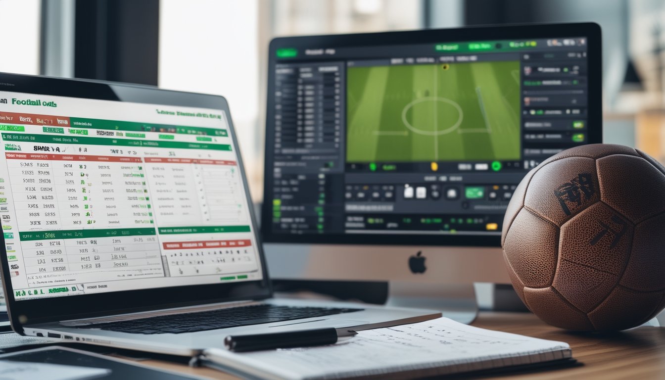 Meja kerja dengan laptop yang menampilkan tampilan peluang taruhan sepak bola, bola sepak di atas meja, dan layar besar menunjukkan pertandingan sepak bola yang sedang berlangsung.