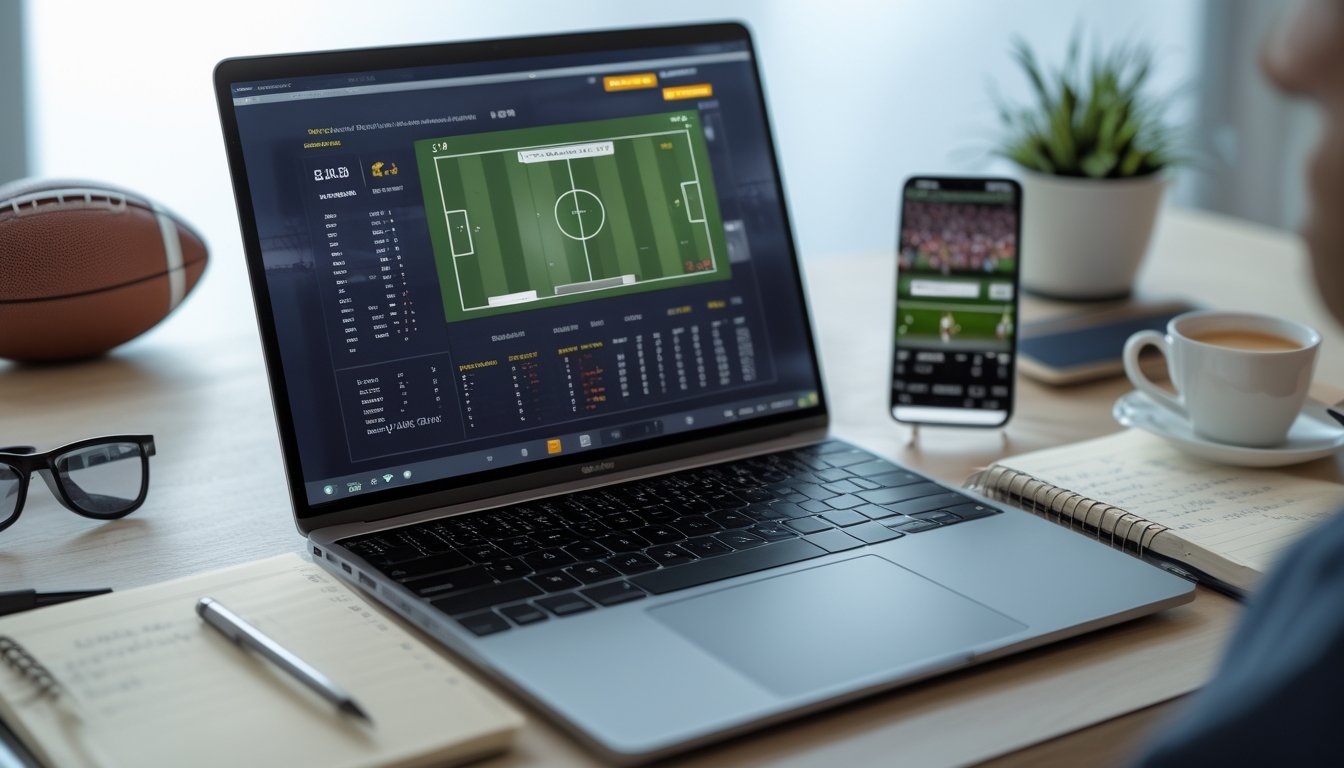Meja kerja dengan laptop menampilkan statistik sepak bola, ponsel yang memutar pertandingan sepak bola, buku catatan dengan tulisan tangan, bola sepak kecil, dan cangkir kopi.