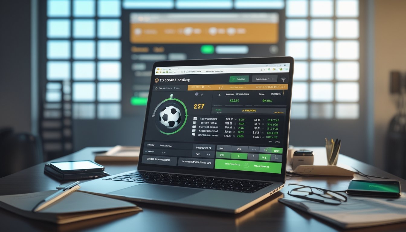 Seorang profesional sedang bekerja dengan laptop yang menampilkan statistik dan peluang taruhan sepak bola, dikelilingi oleh catatan dan ponsel dengan skor pertandingan sepak bola langsung.