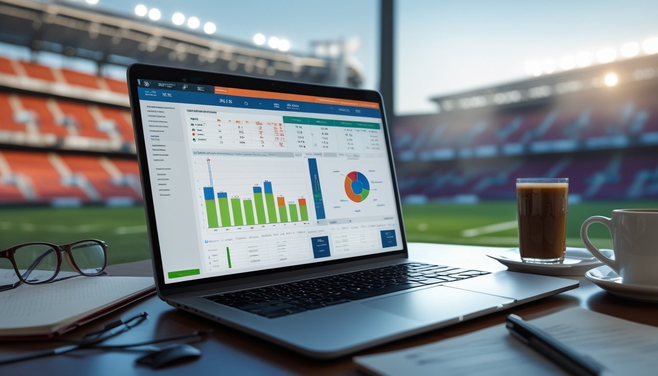 Sebuah meja kerja dengan laptop yang menampilkan statistik sepak bola, smartphone dengan skor pertandingan, dan latar belakang stadion sepak bola yang samar.