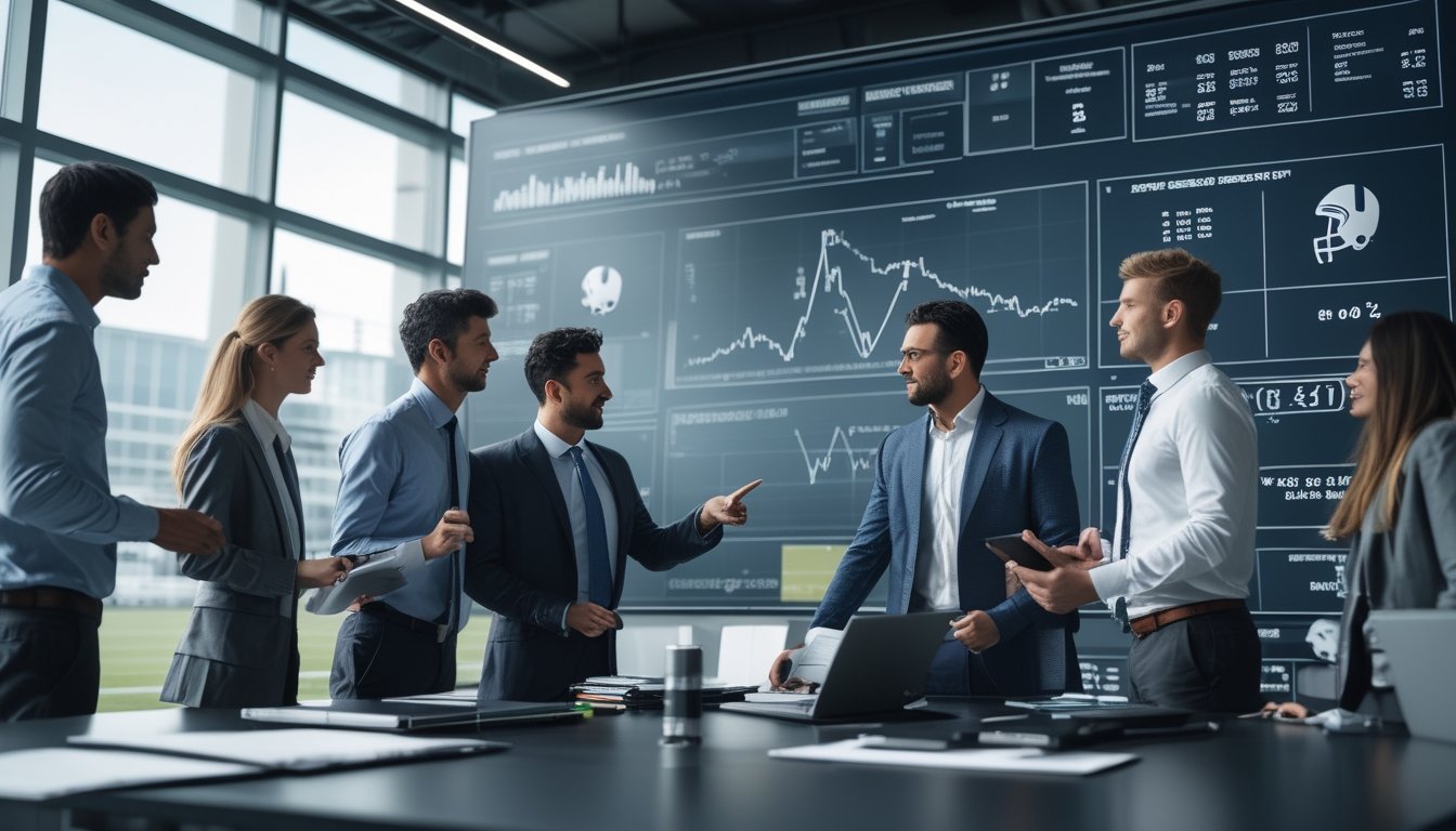 Sekelompok analis sedang berdiskusi di kantor modern dengan layar besar yang menampilkan grafik dan data performa tim sepak bola terbaru.