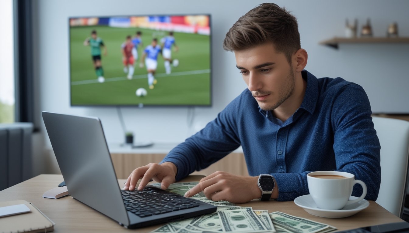 Seorang pria muda sedang mengelola uang sambil menonton pertandingan sepak bola di laptop di ruang kerja rumah.