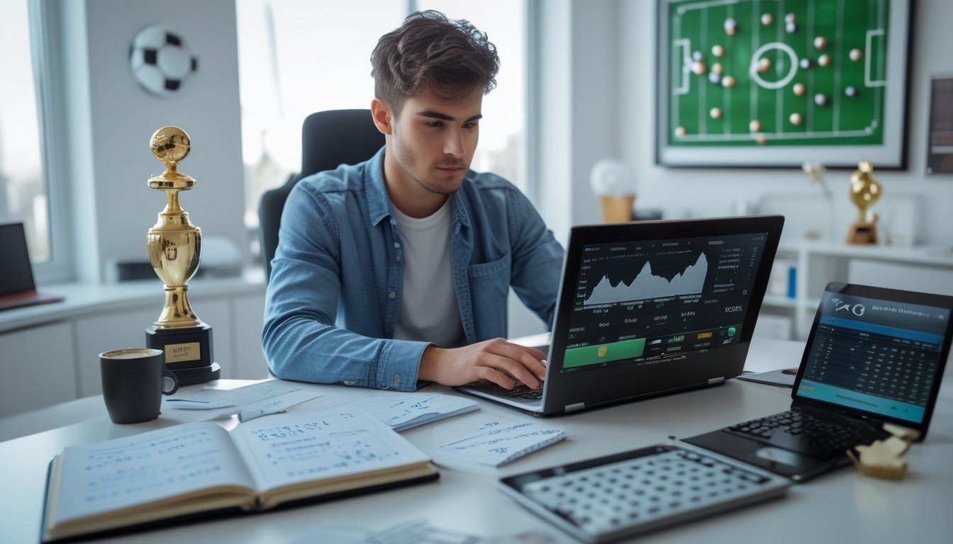 Seorang pria muda duduk di meja kerja dengan laptop dan alat tulis, fokus mengelola modal untuk taruhan sepak bola.