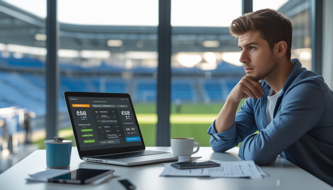 Seorang pria muda duduk di depan laptop dengan tampilan statistik sepak bola, terlihat fokus dan berpikir di sebuah ruangan dengan jendela yang memperlihatkan stadion sepak bola.