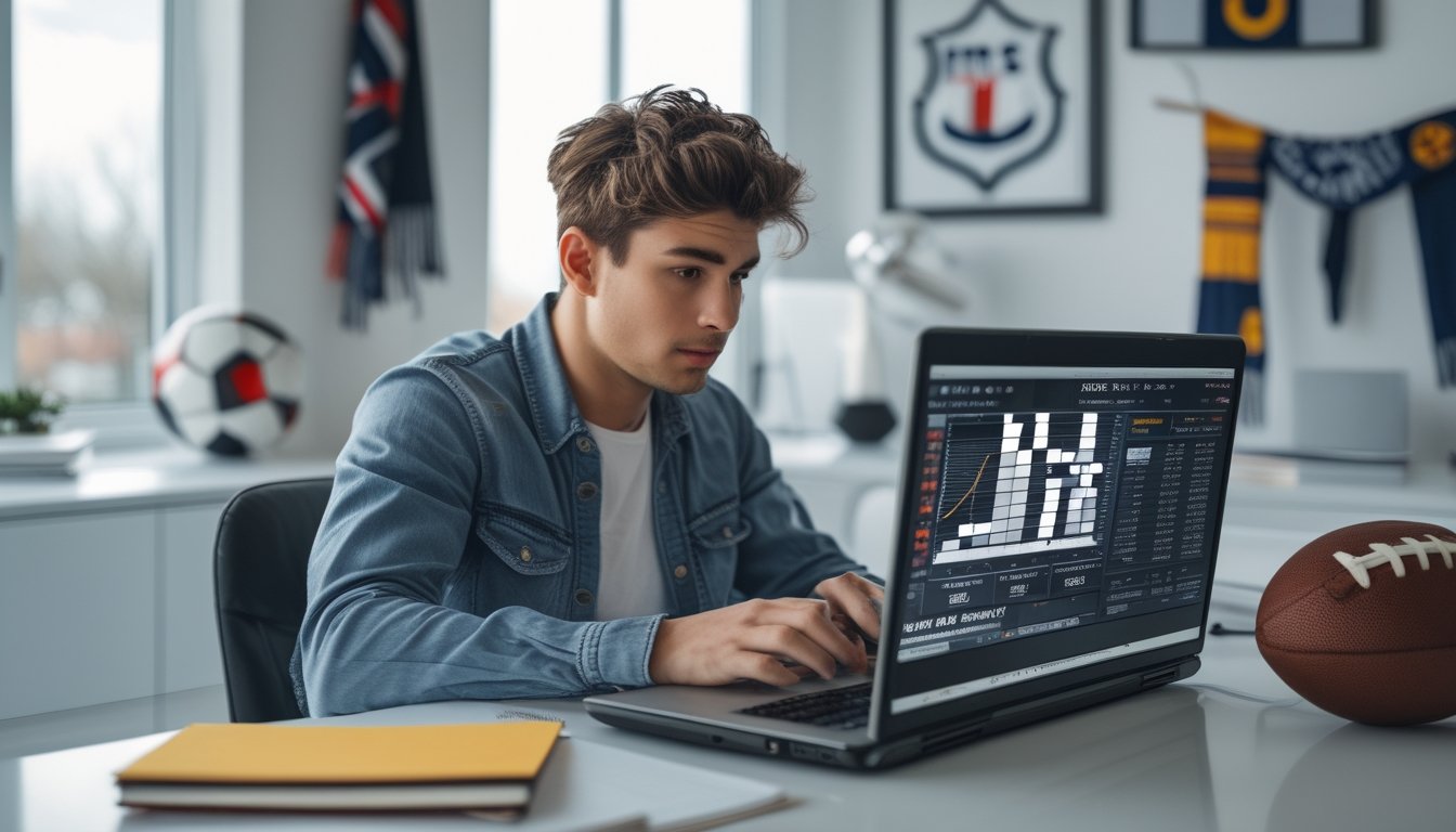 Seorang pria muda duduk di meja dengan laptop, memperhatikan statistik taruhan sepak bola sambil mencatat di kertas.