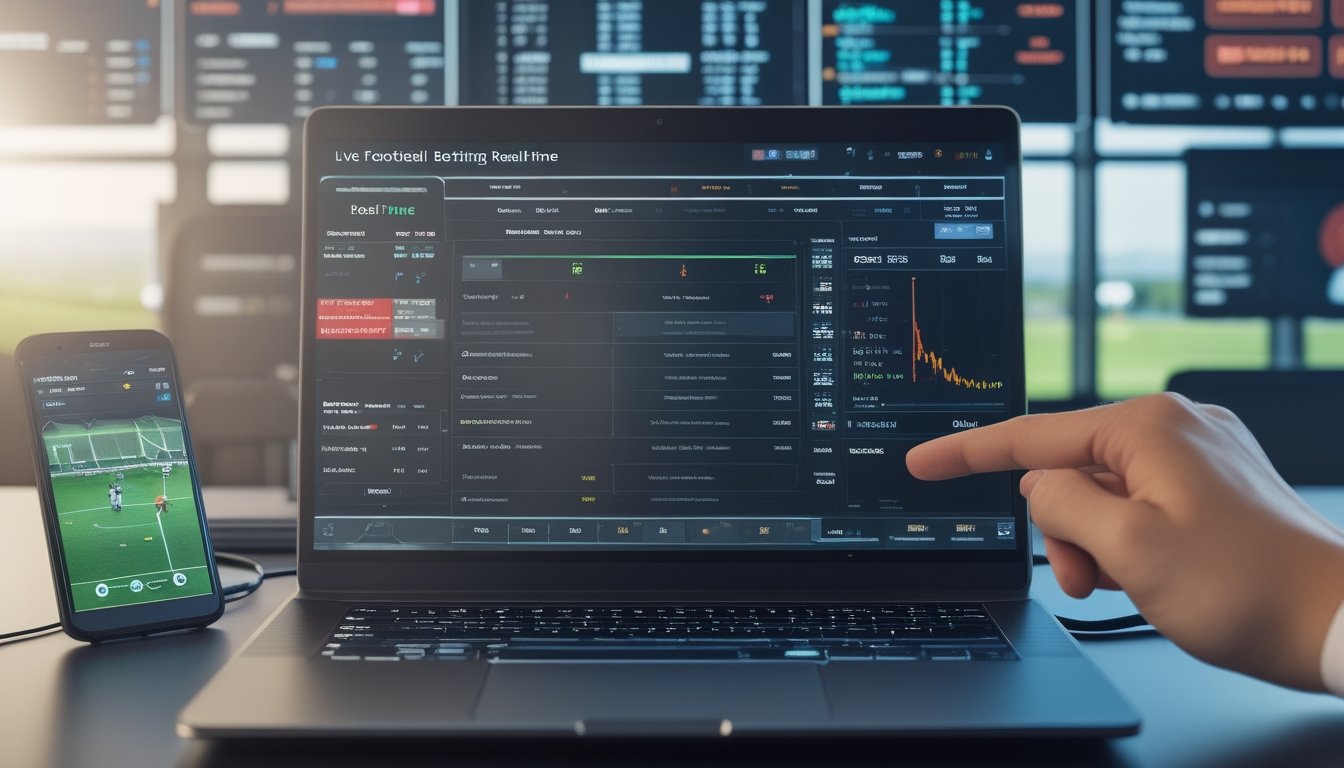 Seseorang menggunakan laptop dan smartphone untuk memantau pertandingan sepak bola dan data taruhan secara langsung di ruang kerja modern.