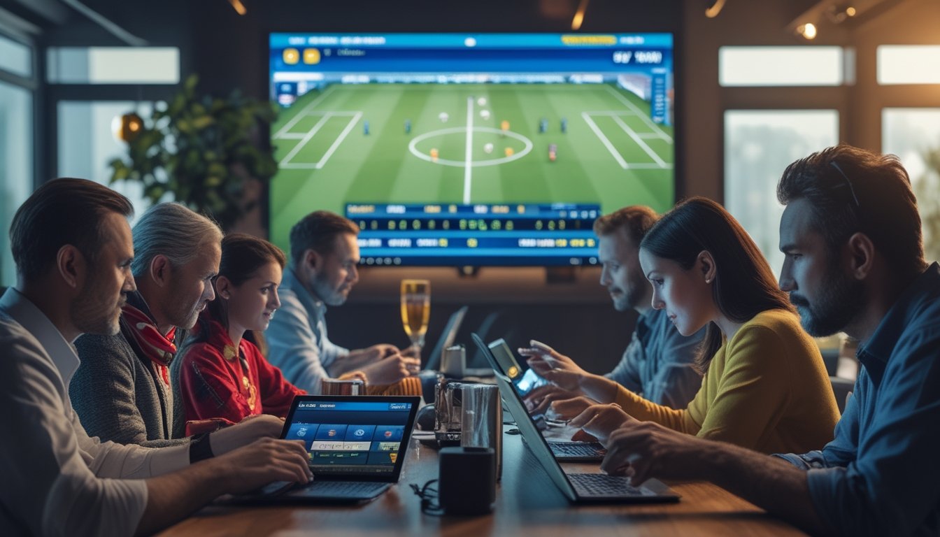 Beberapa orang sedang menonton pertandingan sepak bola secara langsung sambil menggunakan perangkat digital untuk memasang taruhan secara real-time.