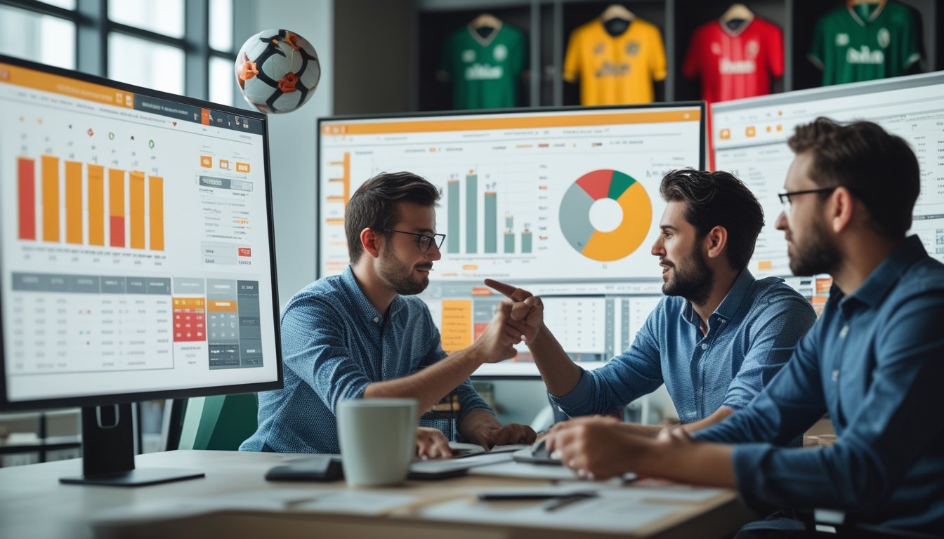 Tiga orang sedang menganalisis data performa tim sepak bola di depan layar komputer dalam sebuah kantor.
