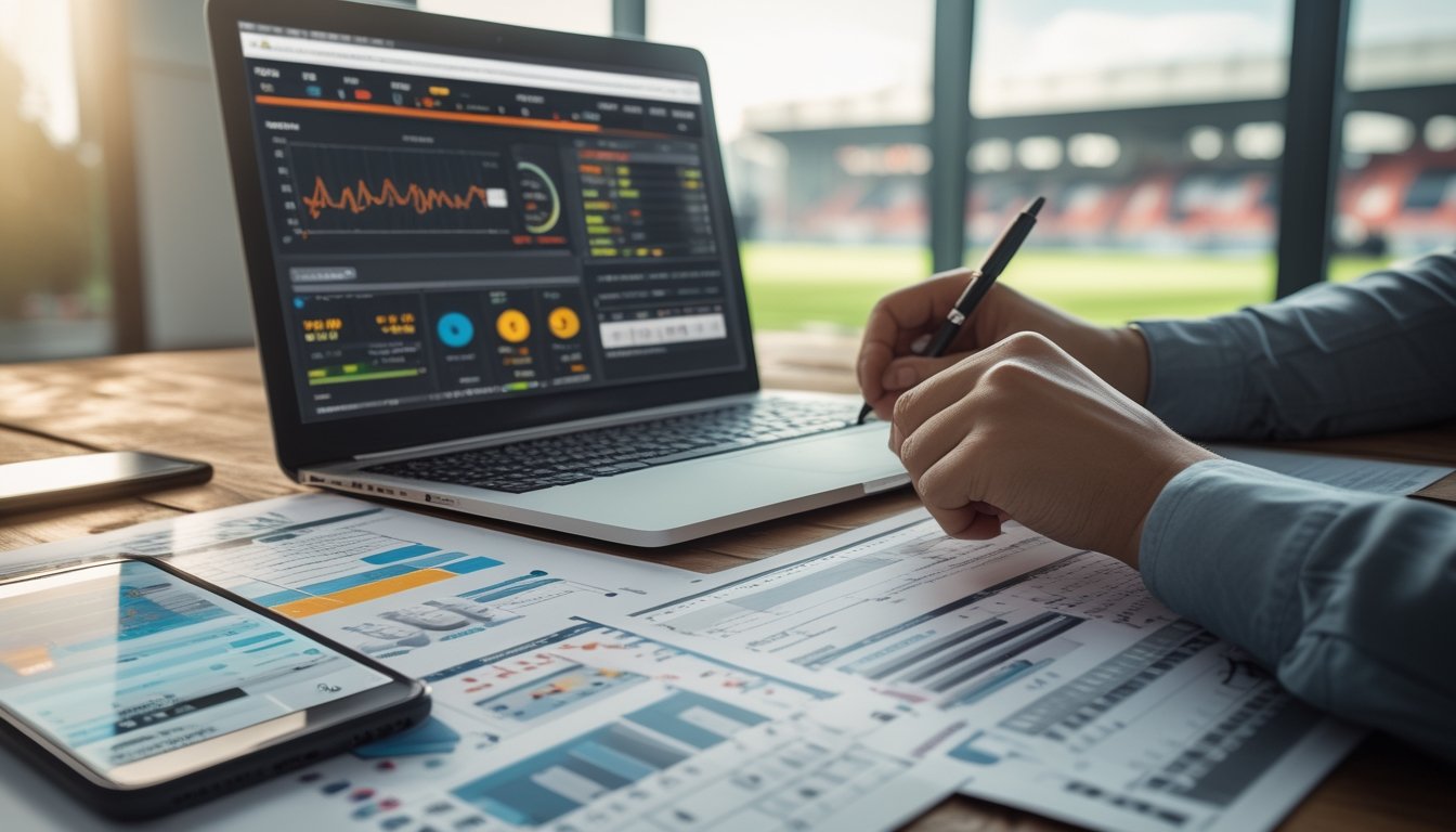 Orang sedang menganalisis data sepak bola di meja kerja dengan laptop, ponsel, dan kertas berisi grafik, dengan stadion sepak bola terlihat di latar belakang.
