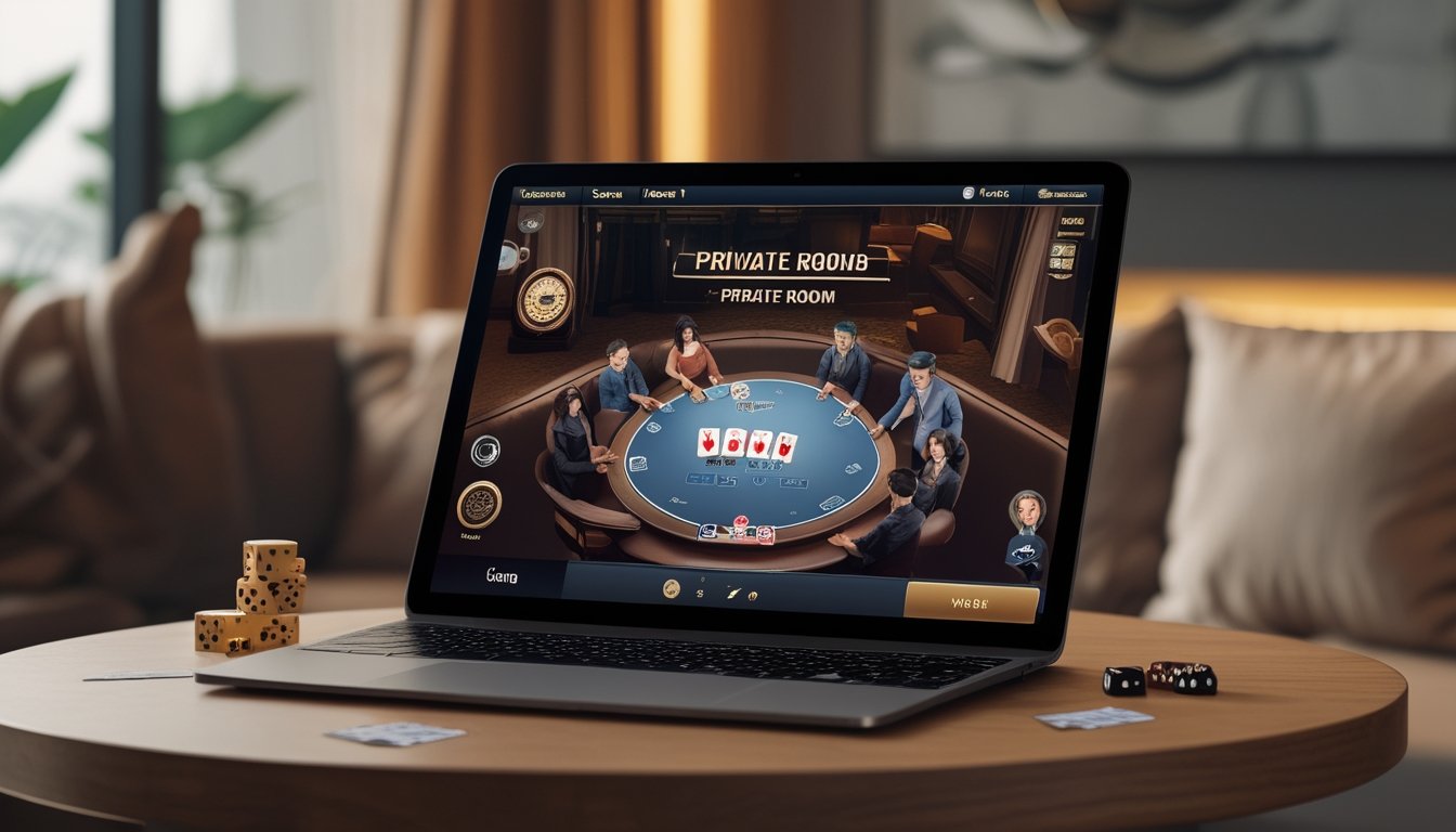 Suasana ruang pribadi kasino online dengan meja kartu virtual dan perangkat digital, menampilkan permainan Ceme.