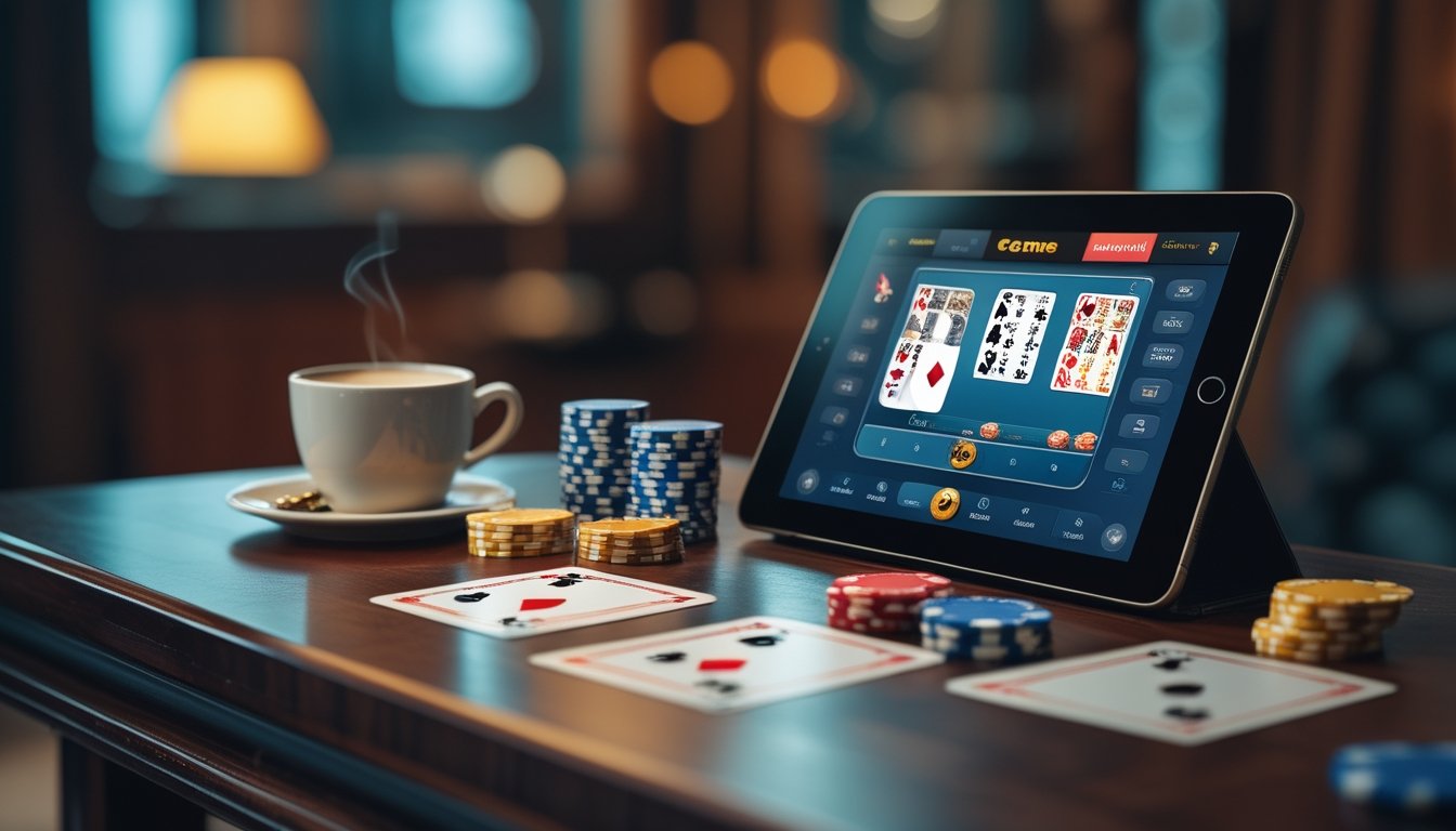 Meja kayu dengan perangkat digital yang menampilkan permainan kartu Ceme, dikelilingi chip poker dan kartu remi, suasana santai di ruang permainan pribadi.