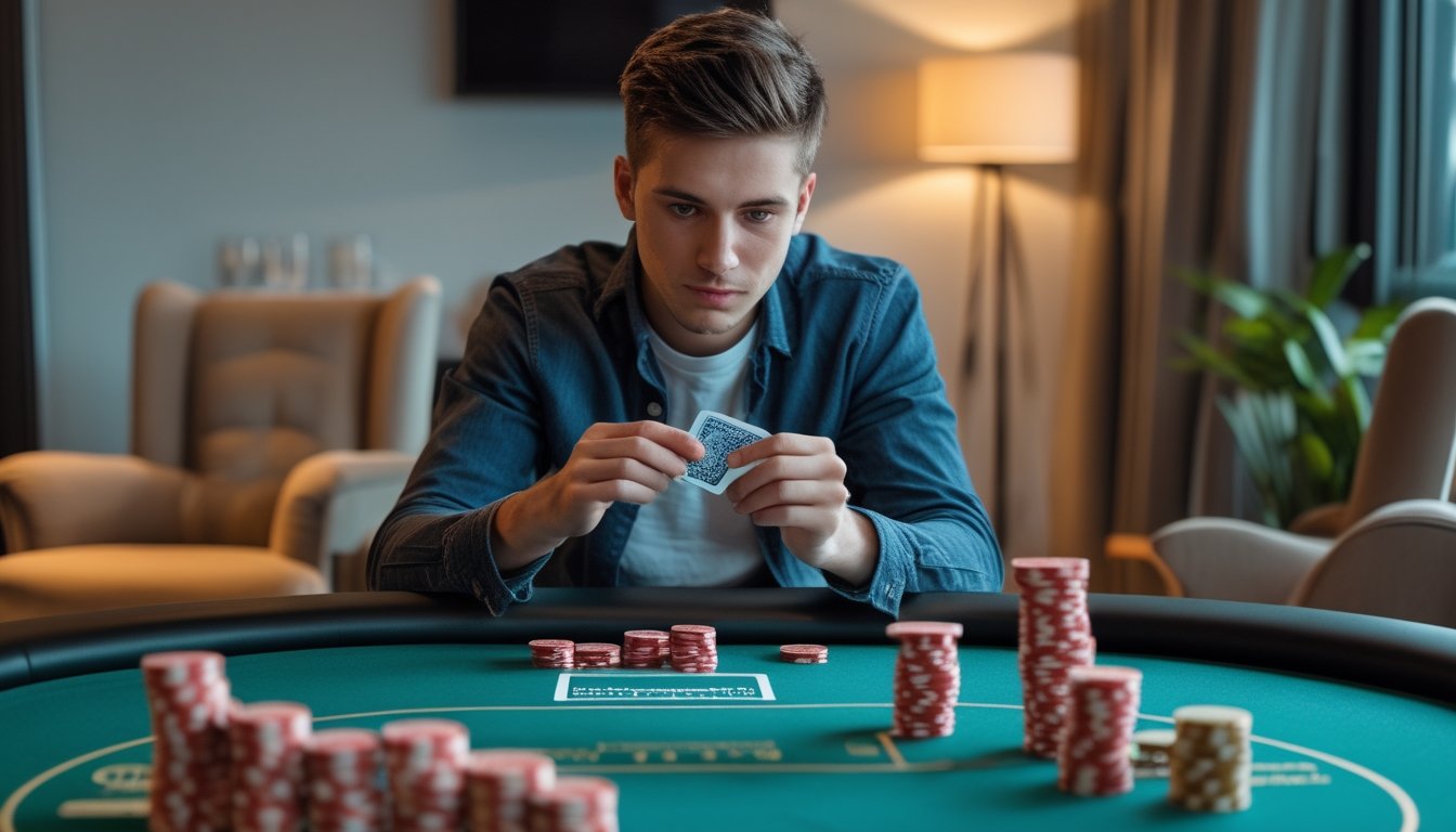 Seorang dewasa muda sedang bermain kartu di ruangan pribadi dengan meja kartu dan tumpukan chip poker.