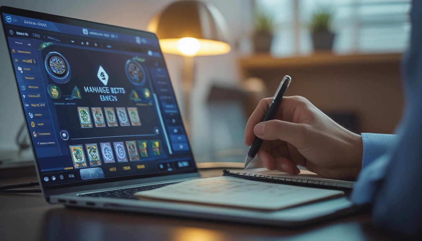 Seseorang sedang mengatur taruhan di ruang permainan online dengan laptop dan catatan strategi di meja.