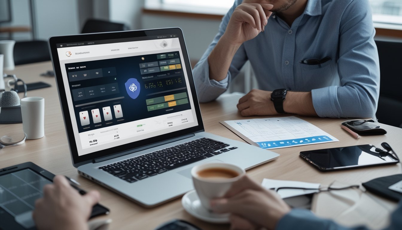 Seorang pria sedang mengatur taruhan di depan laptop dengan tampilan permainan kartu digital, di meja terdapat catatan dan ponsel yang menampilkan statistik taruhan.