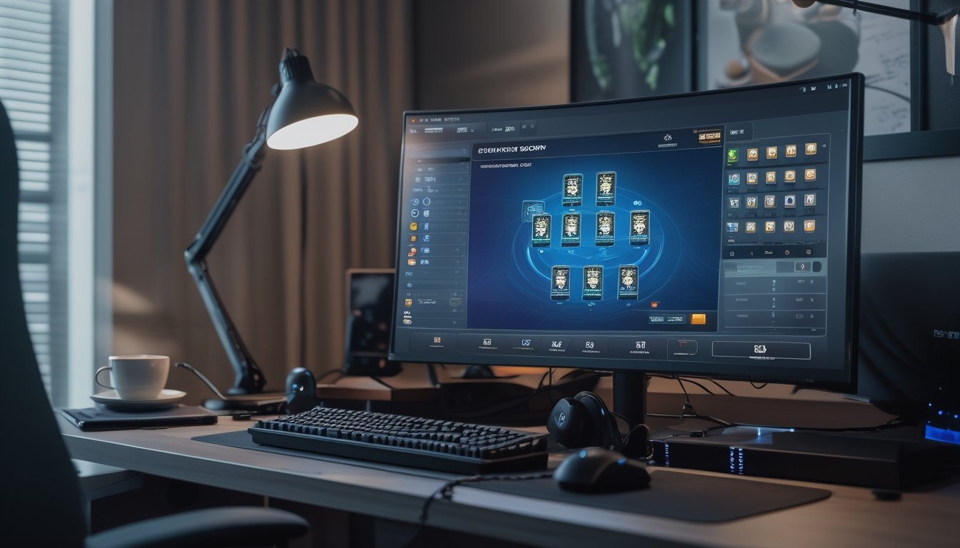 Sebuah ruang kerja modern dengan komputer yang menampilkan permainan kartu online di layar, dilengkapi dengan aksesori gaming dan pencahayaan yang nyaman.