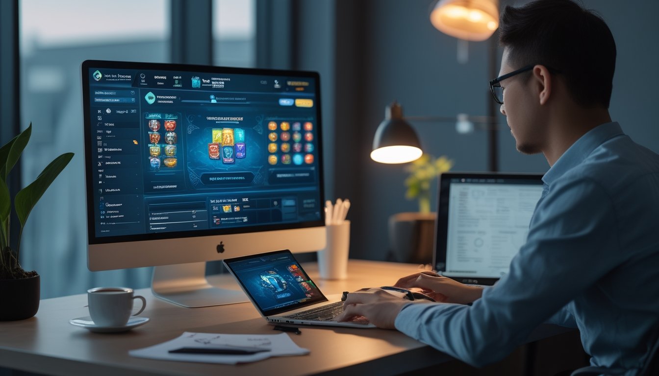 Seorang pria duduk di depan komputer dengan layar menampilkan permainan kartu online, di meja terdapat laptop, catatan, dan ponsel, suasana ruang kerja yang rapi dan terang.