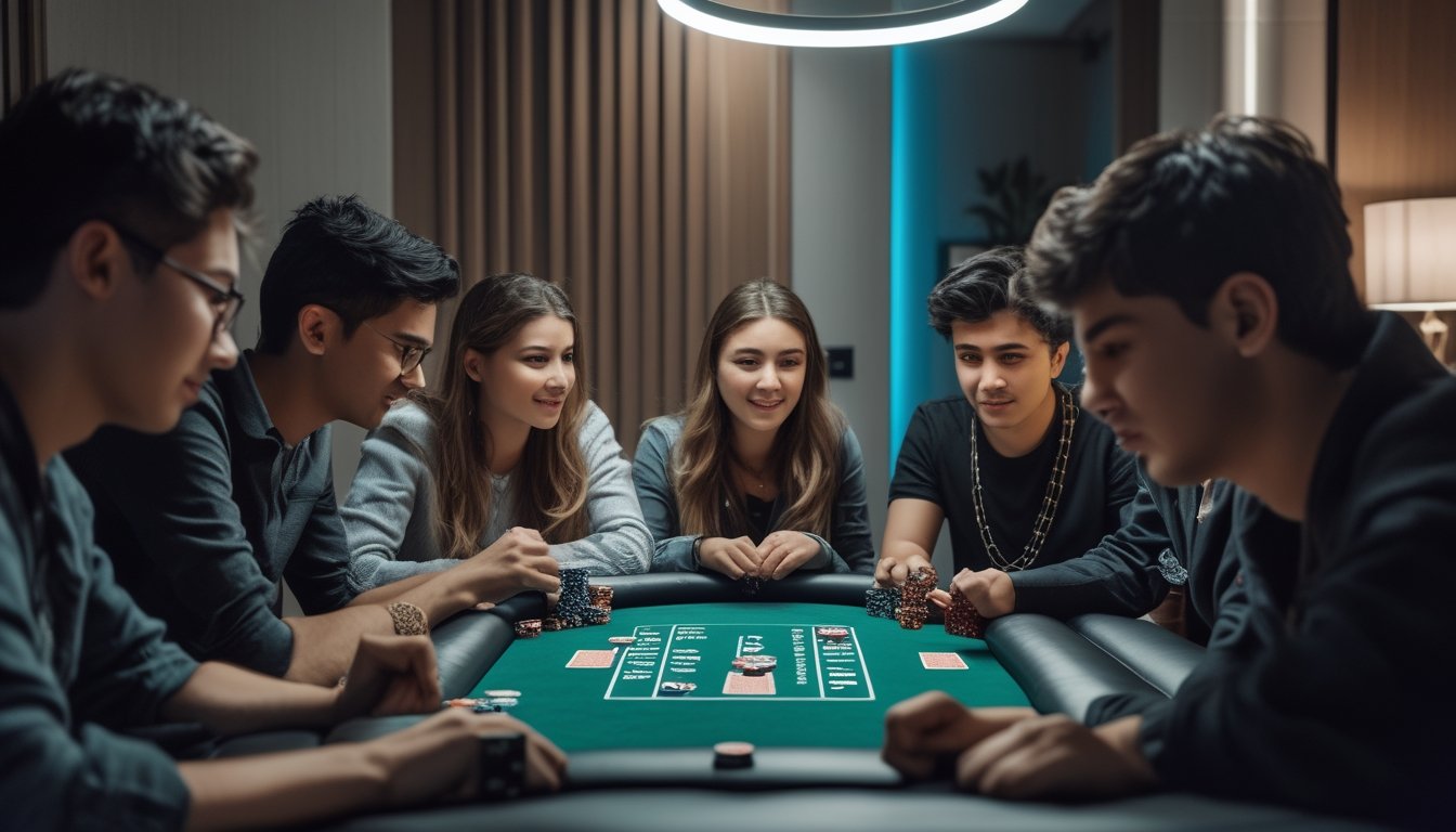Sekelompok orang bermain kartu di meja poker dalam ruangan pribadi dengan suasana fokus dan santai.