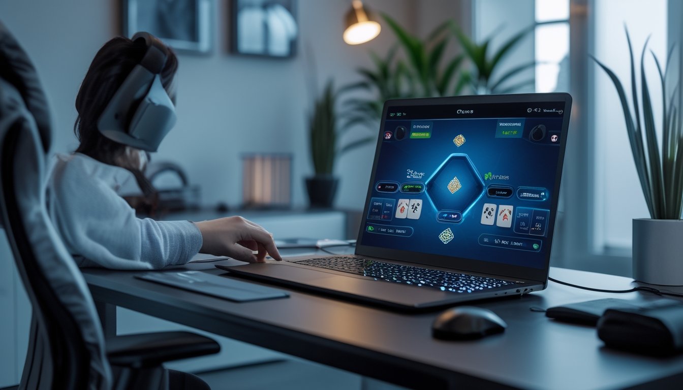 Seseorang bermain permainan kartu online Ceme di komputer di ruangan pribadi yang nyaman dan modern.