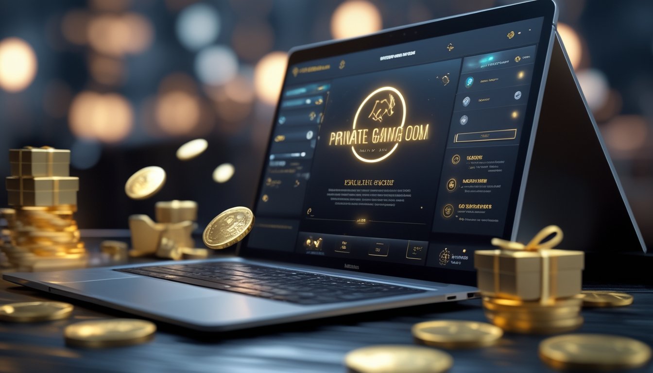 Sebuah meja dengan komputer yang menampilkan permainan kartu online dengan ikon bonus dan elemen hadiah di sekitarnya.