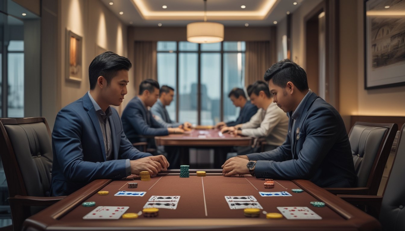 Ruangan permainan pribadi yang elegan dengan meja kartu dan beberapa pemain sedang bermain Ceme.