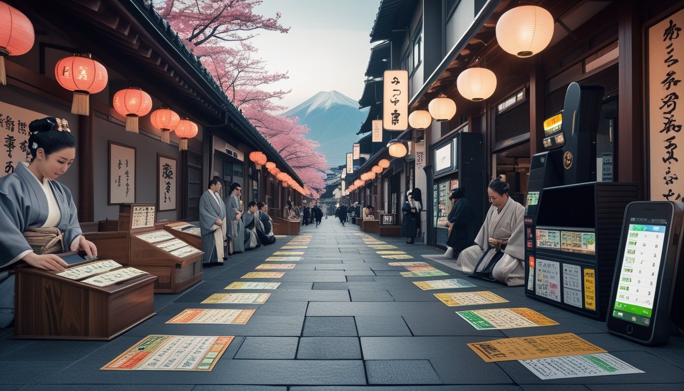 Gambaran perkembangan lotere di Jepang dari masa lalu hingga masa kini dengan elemen tradisional dan modern.