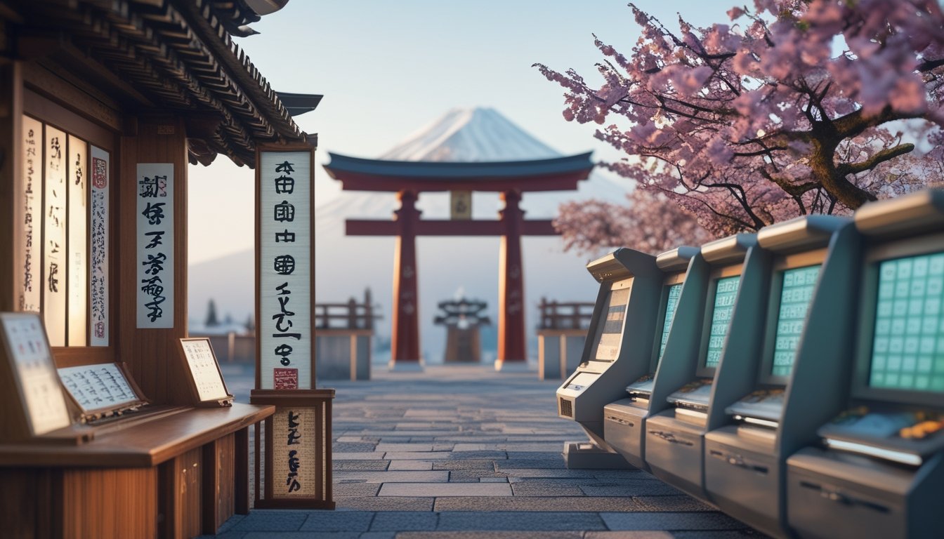 Suasana tradisional Jepang dengan kios lotere kuno dan mesin lotere modern, latar belakang gunung Fuji dan bunga sakura.