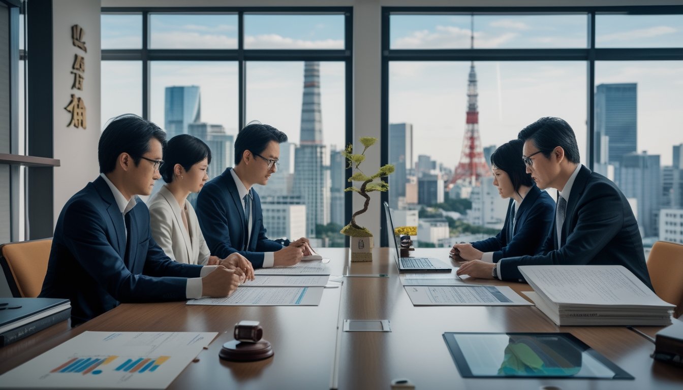 Sekelompok profesional berdiskusi di ruang kantor modern dengan pemandangan kota Tokyo di latar belakang, meja penuh dokumen dan laptop yang menampilkan data terkait permainan togel dan regulasi hukum.